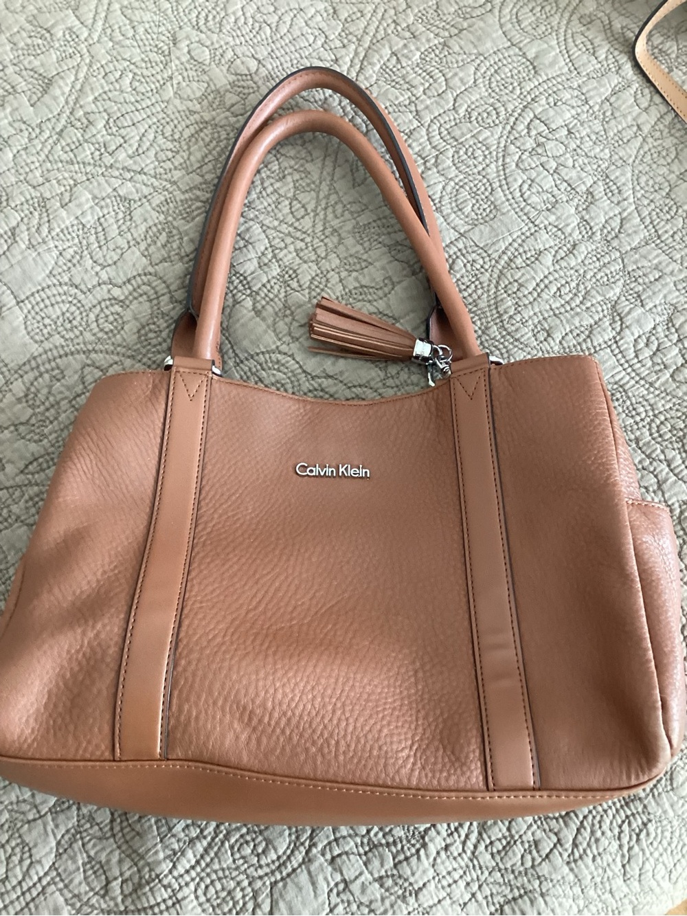 Calvin Klein Tan Pebbled Leather Shoulder Tote with Tassel